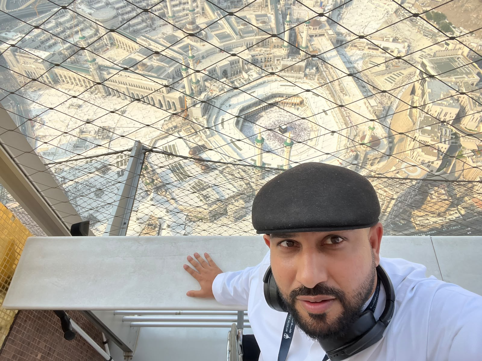 Mohsin Tutla on the Makkah Clock Tower, with the Masjid al-Haram and the Kaaba far below